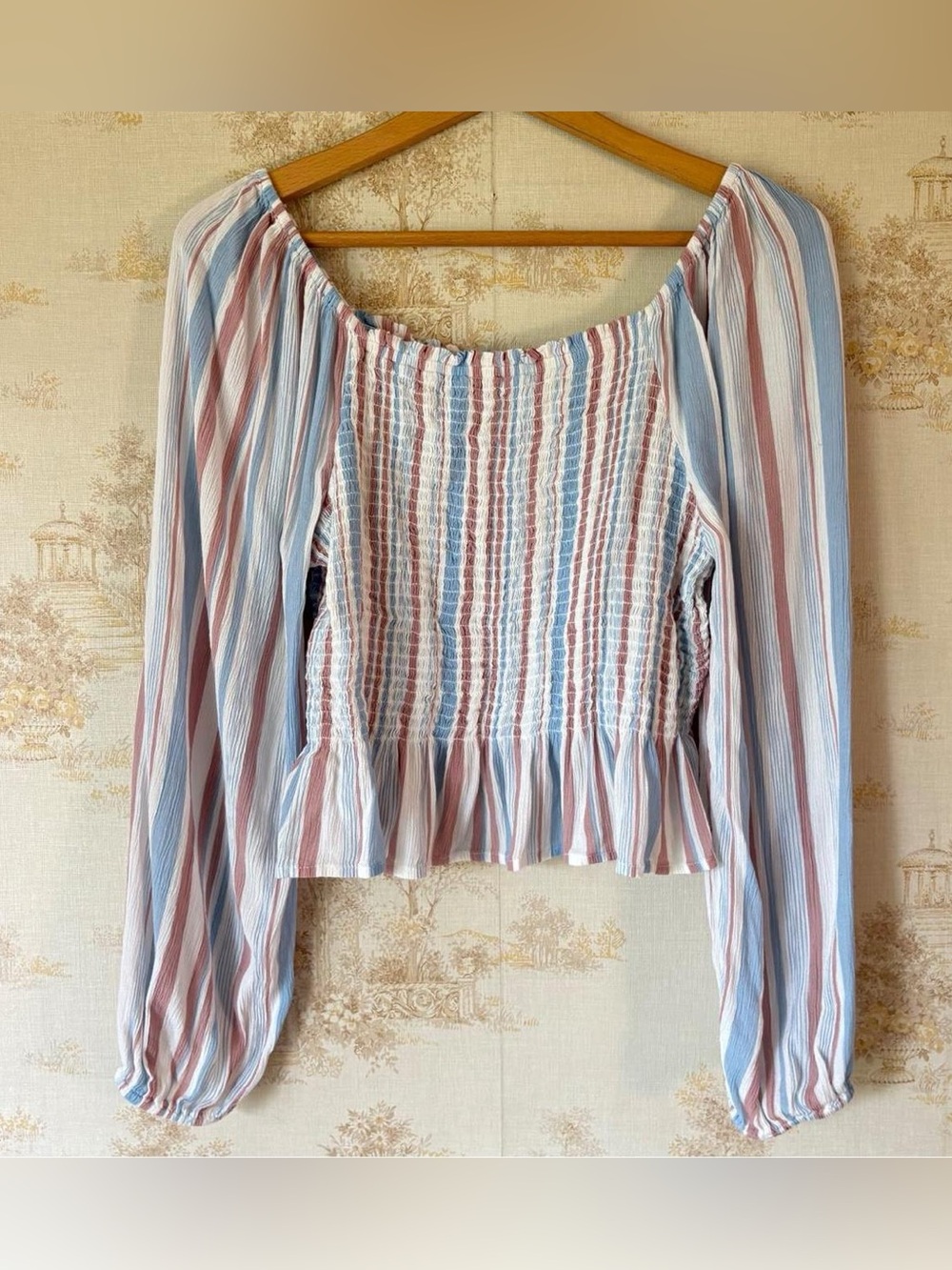 Vintage 90s y2k Arizona Jean Co. Pastel Striped Smocked Peasant Blouse Top XL